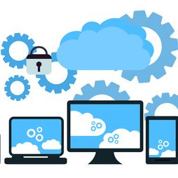 modern cloud services and Cloud Computing Elements Concept. Devices connected to the cloud with Gears. Flat Illustration.